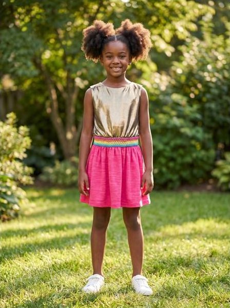 Gold rainbow dress, shown on a model