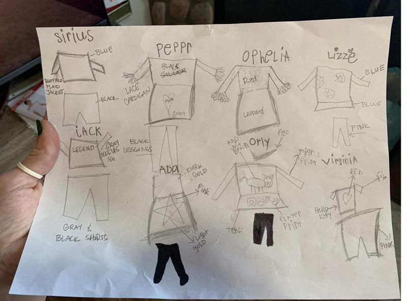 Pencil sketches of outfits for friends